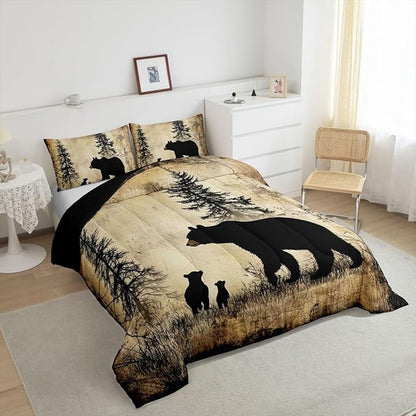 Feelyou Bear Bedding Set Full Size Kids Rustic Cabin Country Comforter Cover for Boys Girls Teens Wild Animal Brown Beige Duvet Cover Breathable Soft Lightweight Microfiber Quilt Set