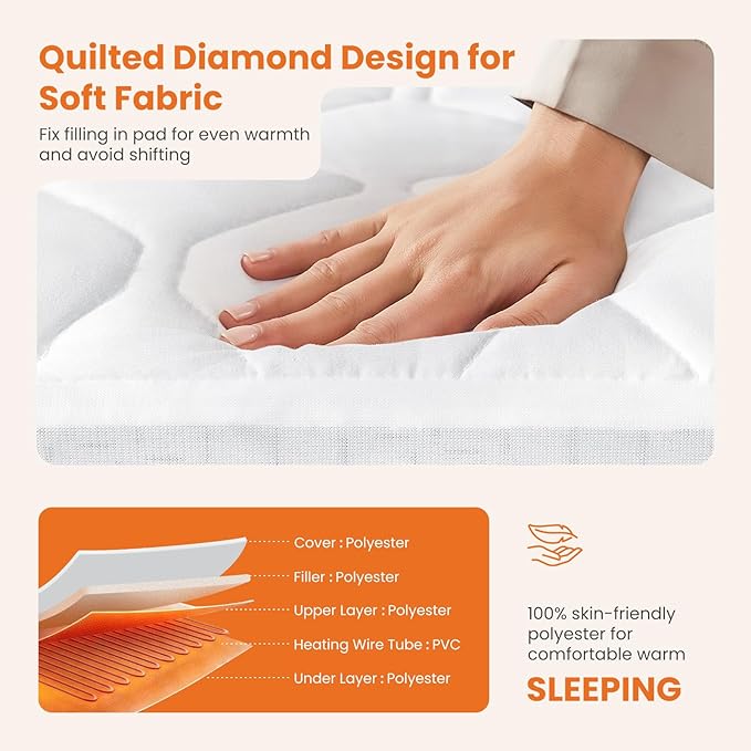 Sweetcrispy Heated Mattress Pad Full Size (75×54″) – Portable Electric Mattress Warmer with 12 Heat Levels, Auto-Off Timer, Soft Quilted Polyester, ETL Certified