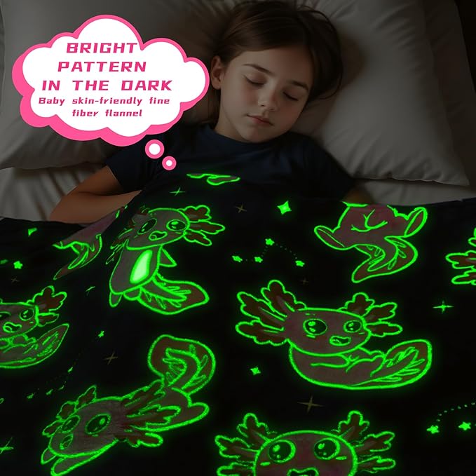 BORORO Glow in The Dark Axolotl Blanket - Pink Axolotl Gifts Toys for Kids Girls Ages 3-12 Years Old Birthday, Lightweight Soft Salamander Throw Blanket for Sofa Bed Camping Bedroom Decor 50x60 inch