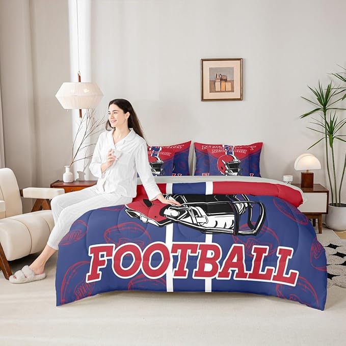 Feelyou Football Comforter Set with Sheets 7 Piece Queen Size Ball Games Bed in a Bag Kids Boys Girls Rugby Bedding Set City of Footballs Bedroom Decor Rugby Sports