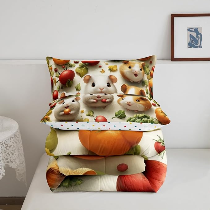 Castle Fairy 3D Guinea Pig Comforter Set King Size Kawaii Wild Animal Bedding Set Kids Boys Girls Vegetables Fruit Leaves All Season Quilt Set Cute Wildlife Bedding Comforter Sets,3Pcs