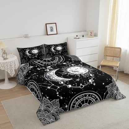 Sun and Moon Bedding Set Constellation Galaxy Comforter Set for Kids Boys Girls Teens Psychedelic Boho Mandala Comforter Breathable Celestial Duvet Set Black White Room Decor Quilt Cover Toddler Size