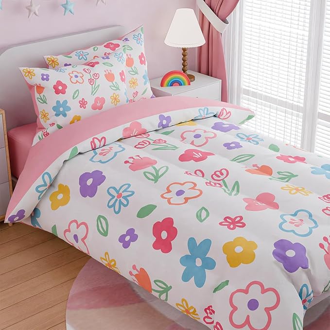SANDJEST Floral Full Bedding Sets for Girl, Ultra Soft Microfiber Comforter Bed Set with 4-Pieces, Flower Comforters Sets for Kids Children Girl Teen Tween Bedroom Decor