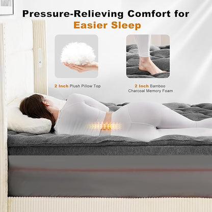 Dual Layer 4 Inch Bamboo Memory Foam Mattress Topper King Size, 2 Inch Thick Soft Quilted Pillow Top Cover Plus 2 Inch Charcoal Gel Memory Foam Mattress Pad for Back Pain Relief