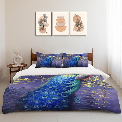 Peacock Theme 3 Pieces Duvet Cover Comforter Set with 2 Pillowcase King Size Purple Peacock Bed Sheet Quilt Bedroom Bedding for Lover Kids
