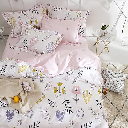 BuLuTu Floral Love Print Girls Duvet Cover Full Size White/Pink Cotton Premium Blossom Kawaii Reversible Kids Bedroom Comforter Cover Bedding Sets for Toddler,Teen,Breathable,Lightweight,Zipper