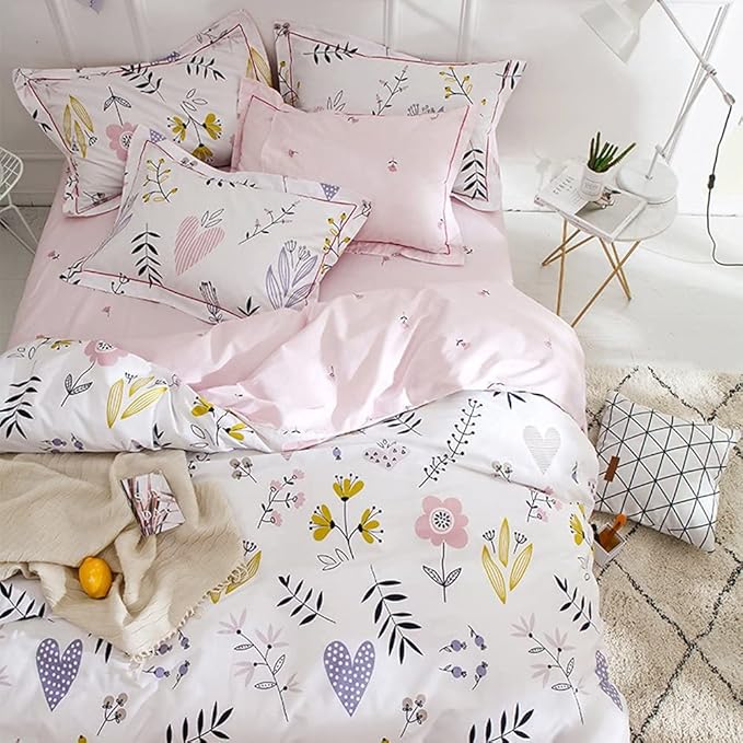 BuLuTu Floral Love Print Girls Duvet Cover Twin XL White/Pink Cotton Premium Blossom Kawaii Reversible Kids Bedroom Comforter Cover Bedding Sets for Toddler,Teen,Breathable,Lightweight,Zipper Closure