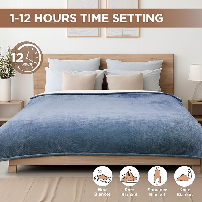 Westinghouse Electric Blanket Full, Flower Jacquard Heated Blanket Full Size with 10 Heating Levels and 1-12 Hours Auto-Off, Flannel to Sherpa Reversible, Machine Washable (72" x 84", Blue)