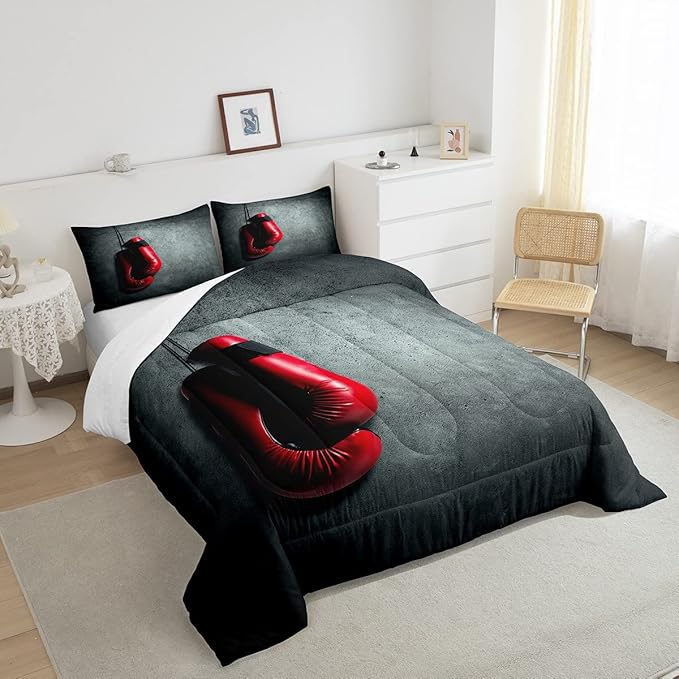 Feelyou Boxing Bedding Set Sports Theme Comforter Set for Kids Boys Girls Men Red Boxing Gloves Pattern Comforter Pugilism Games Design Quilt Set with 2 Pillowcases 3Pcs Bedding Full