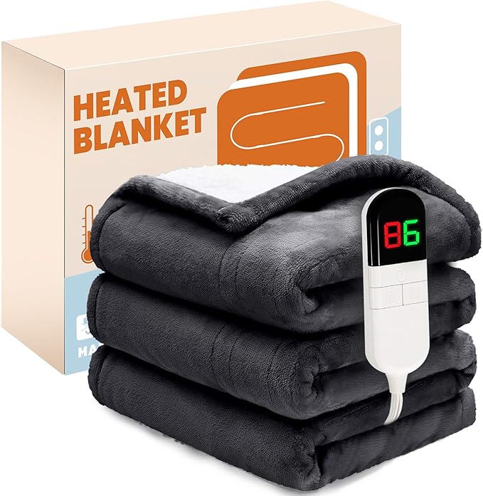 Electric Heated Blanket,Flannel & Sherpa Fast Heating Soft Fleece Heated Twin Blanket 62"x84" with 6 Heating Levels & 10H Auto Off - Grey