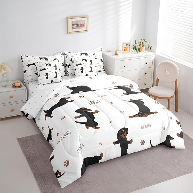 Feelyou Sausage Dog Bedding Set Boys Dachshund Comforter Set with Sheets 7 Piece Full Size for Kids Teens Ultra Soft Puppy Dog Bed in a Bag Kawaii Pet Brown Bed Set Room Decor