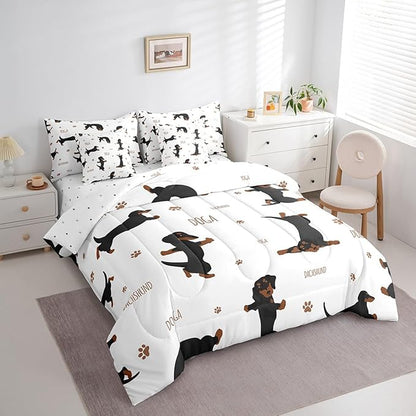 Feelyou Sausage Dog Bedding Set Boys Dachshund Comforter Set with Sheets 7 Piece Full Size for Kids Teens Ultra Soft Puppy Dog Bed in a Bag Kawaii Pet Brown Bed Set Room Decor