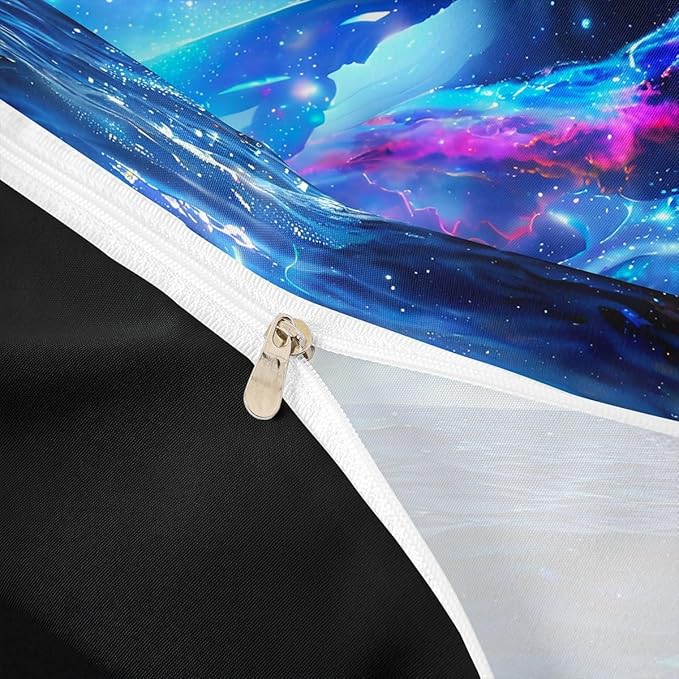 Castle Fairy 3D Whale Blue Galaxy Duvet Cover Set Twin Size, Starry Stars Universe Nebula Comforter Cover for Kids Boys Bedroom, Ocean Theme Sea Creatures Bedding Sets with 1 Pillow Sham, Dark Night