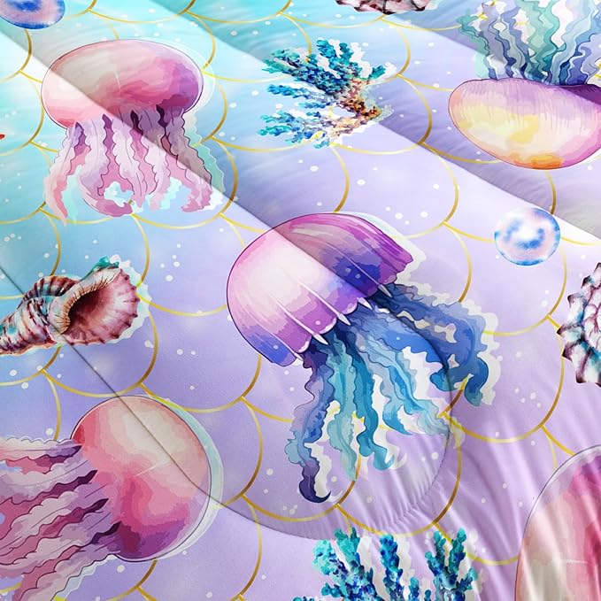 Cute Ocean Comforter Set Kids Bedding King Size,Color Jellyfish Conch Sea Star Print Comforter for Teens Boys Girls Room Decor,Kawaii Beach Bedding Set with 2 Pillowcases.