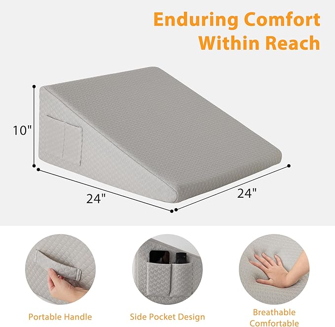 Wedge Pillow for Sleeping, 10" Bed Wedges Pillow for Headboard, Triangle Incline Wedge for Acid Reflux, Pillows Wedge for Back Pain Relief, Elevated Leg Pillows After Surgery, Snoring, Grey