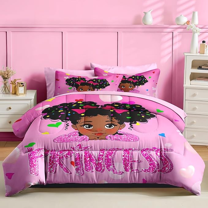 Nesker 5 Pcs Comforter Set Twin Size, Pink Princess Bedding for Kids Teen, Cute Fairy Fantasy Girl Bed Sheet with Pillowcase & Sham