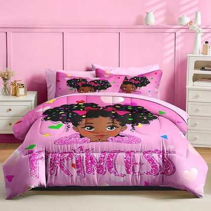 Nesker 5 Pcs Comforter Set Twin Size, Pink Princess Bedding for Kids Teen, Cute Fairy Fantasy Girl Bed Sheet with Pillowcase & Sham