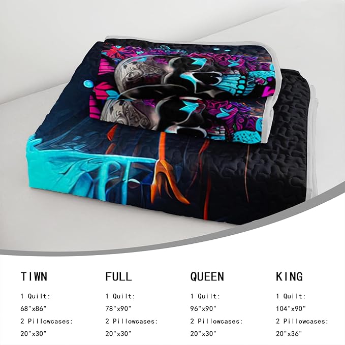 AILONEN Goth Skull Quilt Set Queen Size, 3D Butterfly Skeleton Bedding Bedspread Coverlet with 2 Pillowcases,3-Piece Soft Lightweight Gothic Bed Cover,Blue Black