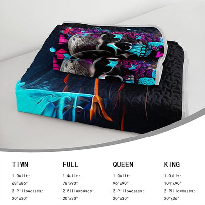 AILONEN Goth Skull Quilt Set King Size, 3D Butterfly Skeleton Bedding Bedspread Coverlet with 2 Pillowcases,3-Piece Soft Lightweight Gothic Bed Cover,Blue Black
