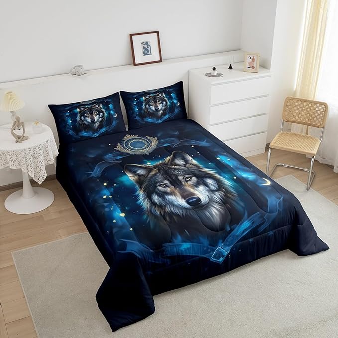 Feelyou Wolf Comforter Set Toddler Size Soft for Boys Girls Teens Mountain Moon Wolf Bedding Set Breathable Blue Duvet Set Room Decor Quilt Set