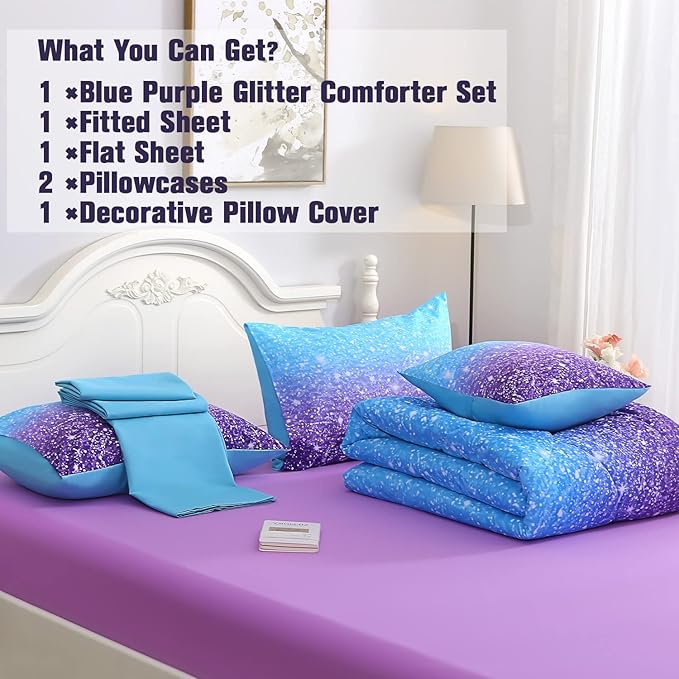 6Pcs Glitter Comforter Set with Sheets for Teens Girls Kids, Colorful Gradient Glitter Themed Bed in a Bag Full Size, Blue Purple 3D Sparkly Galaxy Bedroom Decor Bedding Set