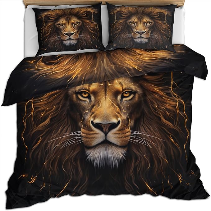 Lion Duvet Cover Twin Trippy Golden Lion Bedding Set 2 Piece for Kids Bedroom Modern Wild Animal Patterned Comforter Cover with Zipper Ties & 1 Pillowcases