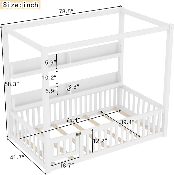 CZBZ Twin Size Canopy Floor Bed with Guardrails and Built-in Shelves, Solid Wood Montessori-Inspired Low Bed Frame, White