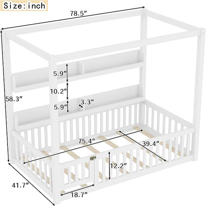 CZBZ Twin Size Canopy Floor Bed with Guardrails and Built-in Shelves, Solid Wood Montessori-Inspired Low Bed Frame, White