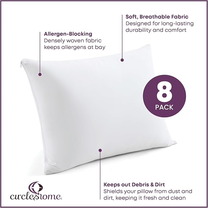 CirclesHome Pillow Protectors 8 Pack Standard Zippered - 100% Cotton Breathable Pillowcases - Protects Pillows from Dirt, Dust and Debris (Standard - Set of 8 - 20x26)