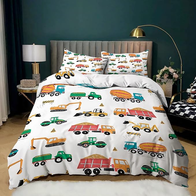CVHOUSE Tractor Bedding Twin Size,Excavator Truck Tractor Bedding Set for Boys Kids Teens,Tractor Comforter Set Cover Soft,1 Duvet Cover 2 Pillowcases 3 Piece,Boys Room Decor