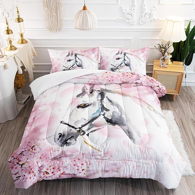 Kid Horse Comforter Set Full Room Floral Animal Theme Handsome Horse Chic Cherry Blossom Bedding Set Wild Animal Decor Quilt Set for Girls Adult, 1 Comforter + 2 Pillowcases
