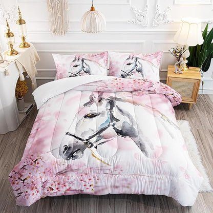 Kid Horse Comforter Set Full Room Floral Animal Theme Handsome Horse Chic Cherry Blossom Bedding Set Wild Animal Decor Quilt Set for Girls Adult, 1 Comforter + 2 Pillowcases