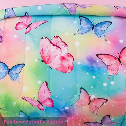 Butterfly Comforter Set Queen Size 8 Piece Bed in A Bag Colorful Flowers Leaves Bedding Set for Kids Teens Super Soft All Season - Rainbow