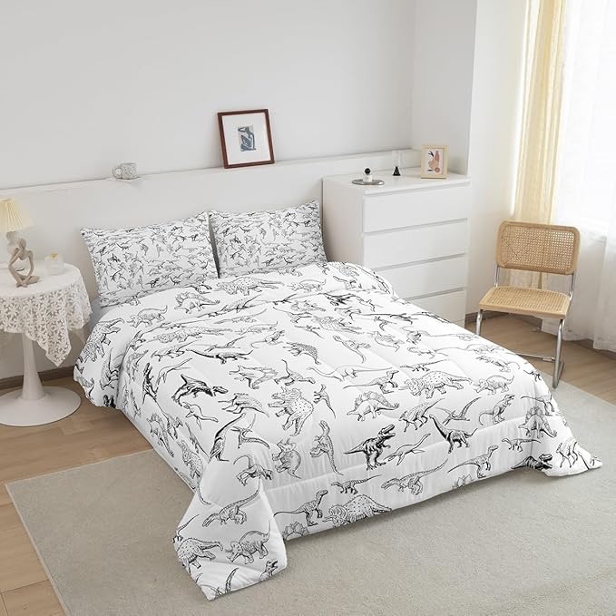 Feelyou Dinosaur Bedding Set Full Size 3D Digital Print Comforter Set for Kids Boys Girls Decor Jungle Dino Comforter Wild Animal Black and White Duvet Set Bedroom Quilt Set
