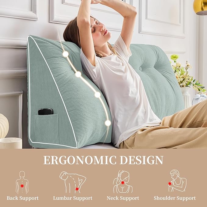 Sasttie Headboard Pillow Full, Wedge Pillow Headboard for Sitting Up in Bed, Back-Rest Support Triangular Cushion for Reading - Features Removable Washable Cover, Mint Green
