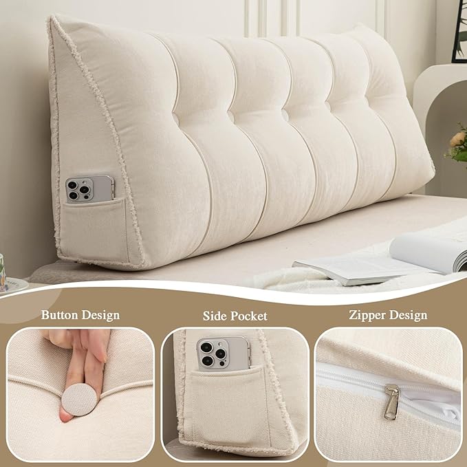 Headboard Pillow Twin, Chenille Triangular Wedge Pillow Headboard Twin Size, Reading Setting Backrest Daybed Pillows for Bed Sofa with Removable Coverr, Beige