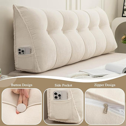 Headboard Pillow Twin, Chenille Triangular Wedge Pillow Headboard Twin Size, Reading Setting Backrest Daybed Pillows for Bed Sofa with Removable Coverr, Beige