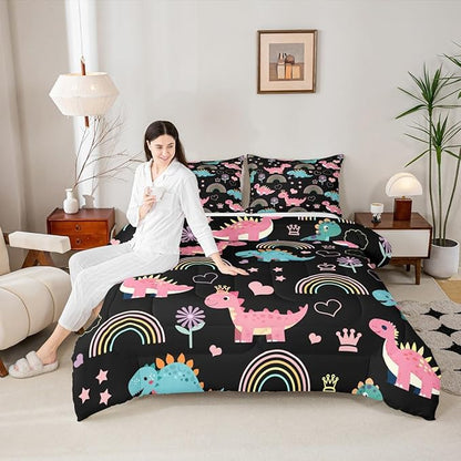 Castle Fairy Lovely Dino Kids Comforter Set Toddler Size,Cute Rainbow Floral Love Heart Reversible Quilt Set for Boys Bedroom Decor,Pink Black Dinosaur Kawaii Animal Duvet Insert,1 Pillowcase