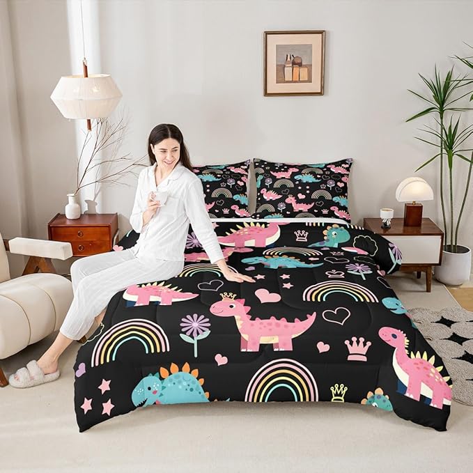 Castle Fairy Lovely Dino Kids Comforter Set King Size,Cute Rainbow Floral Love Heart Reversible Bedding Set All Season Quilt,Pink Black Dinosaur Kawaii Animal Microfiber Polyester Down Comforter