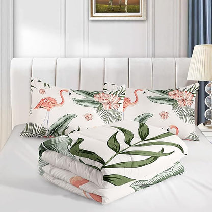 Flamingo Comforter Set Twin Size Tropical Flamingo Palm Tree Leaf Pattern Bedding Set Flower Quilted Duvet for Kids Girls Boys Adult with 1 Comforter and 2 Pillowcases