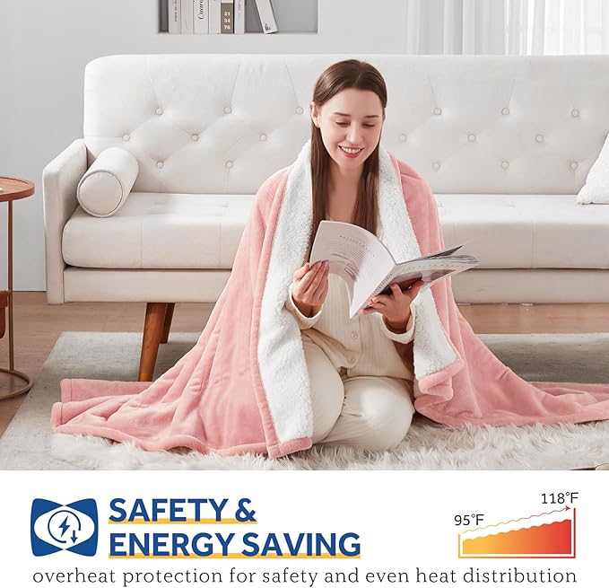 Sealy Heated Throw Blanket, Flannel & Sherpa Electric Throw with 6 Heat Setting & 2-10 Hours Auto Shut Off, Fast Heating & Machine Washable, 50x60 Inch, Pink