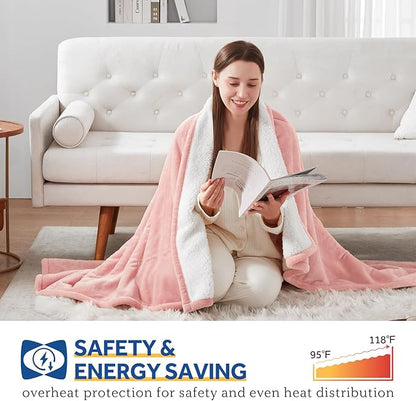 Sealy Heated Throw Blanket, Flannel & Sherpa Electric Throw with 6 Heat Setting & 2-10 Hours Auto Shut Off, Fast Heating & Machine Washable, 50x60 Inch, Pink