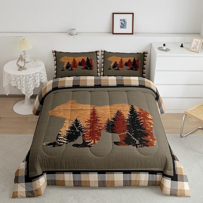 Feelyou Cute Bear Comforter Set Wild Animal Bedding Set for Teens Nature Wildlife Bear Bedding Set Western Farmhouse Orange Grey Duvet Set Room Decor King Size Duvet Set 3Pcs Boys