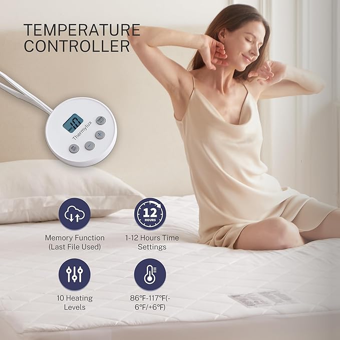 Electric Mattress Pad Twin Size Quilted Wave 10 Heat Settings with 12 Hour Auto Off, Deep Pocket Fits up to 15", Microfiber Bed Warmer, ETL Certified Machine Washable, 39"x75"