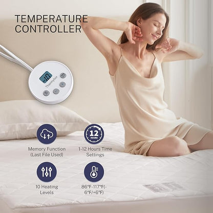 Electric Mattress Pad Twin Size Quilted Wave 10 Heat Settings with 12 Hour Auto Off, Deep Pocket Fits up to 15", Microfiber Bed Warmer, ETL Certified Machine Washable, 39"x75"