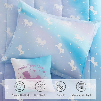 Twin Comforter Set for Girls-3 Pieces Unicorn Glow in The Dark Twin Bedding Sets for Kids,1 Comforter,1 Sham and 1 Decor Pillow