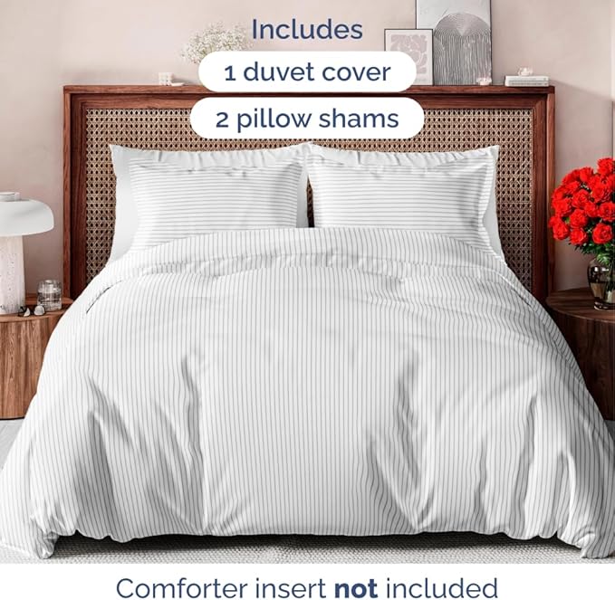 Duvet Cover King Size Set - Extra Soft Floral Duvet Cover 104 x 90 with 2 Pillow Shams - Comfy, Cozy, Breathable Floral Bedding Set - Hotel Luxury & Fade Free w/ Zipper Closures & Ties - Grey Stripes