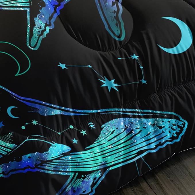 Whale Print Comforter Marine Life Bedding Set,Glowing Stars Moon Constellation Pattern Comforter Sets for Kids Boys Girls Room Decor,Cute Coastal Bedding Set Full Size with 2 Pillowcases.