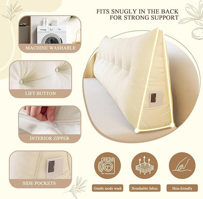Headboard Pillow King, Large Triangular Wedge Headboard Pillow for Reading and Resting, Backrest Positioning Support Pillow with Removable Cover (Beige)