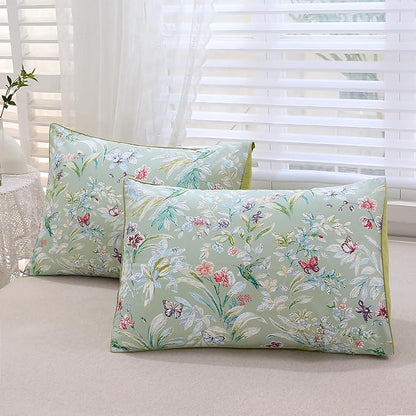 URBONUR Green Floral Duvet Cover Set King Size 100% Egyptian Cotton Bedding Set Farmhouse Butterfly Print Comforter Cover with Button Closure (3Pcs, King)